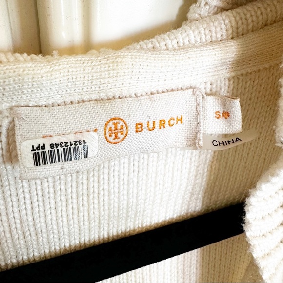 Tory Burch Women’s Baja Mixed Knit Hoodie Cream Tassel V Neck Pullover Sweater S - Picture 5 of 14